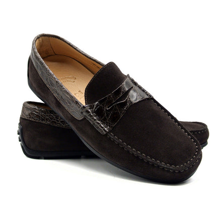 Monza Sueded Calfskin with Crocodile Driver, Nicotine