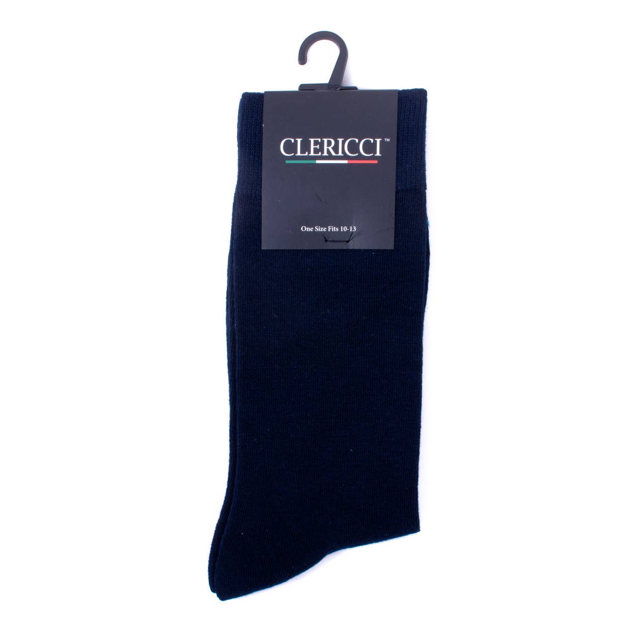 Navy blue sock with Clericci label on a white background