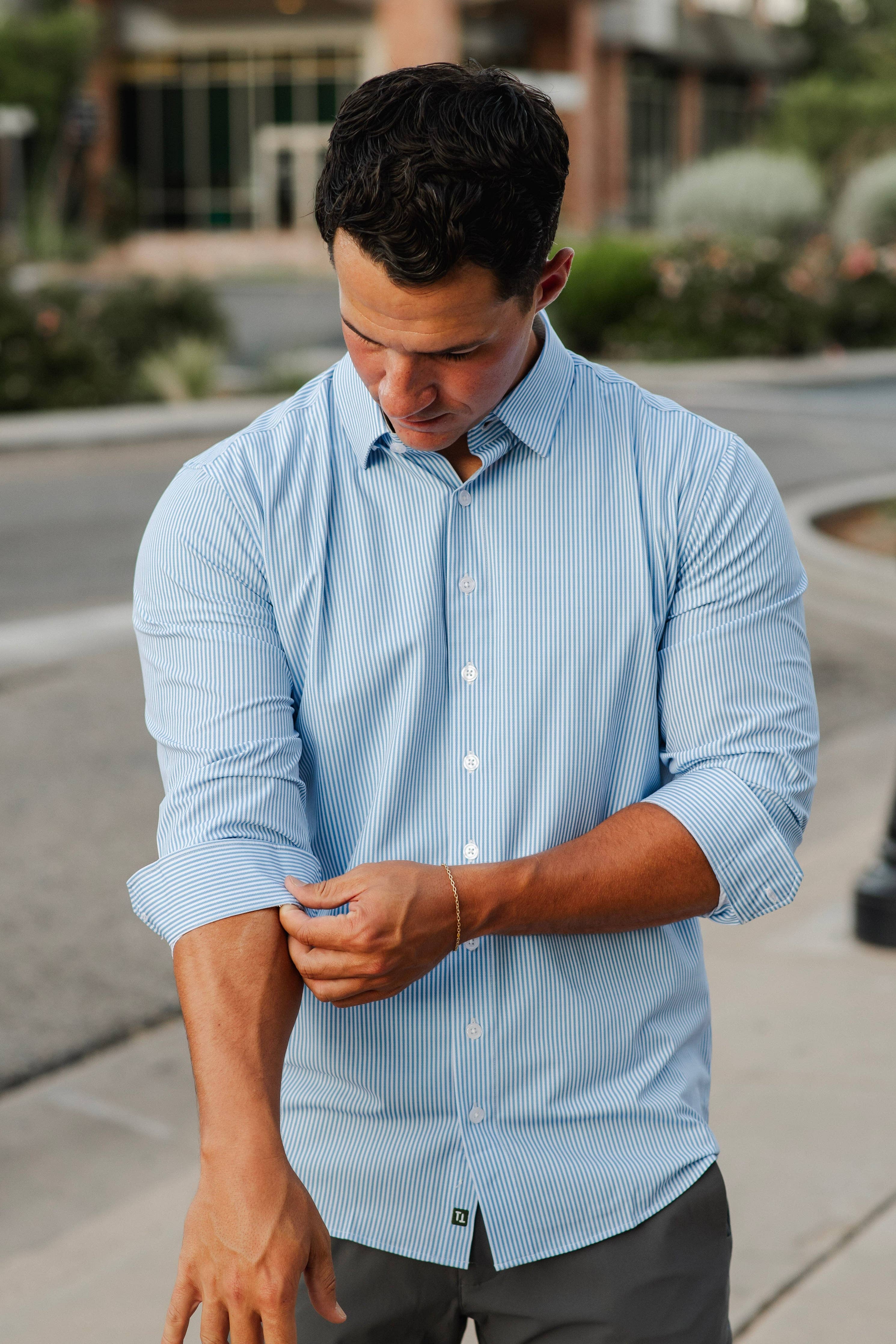 Hustle Sport Shirt - Long Sleeve - Light Blue Banker Stripe