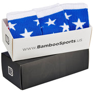 Bamboo Sports Red White and Blue Premium Bamboo Rayon Crew Work Socks- Moisture Wicking, Odor Eliminating Red, White, and Blue American Flag 4th of July Socks for Men and Women Gift Box 3 Pair