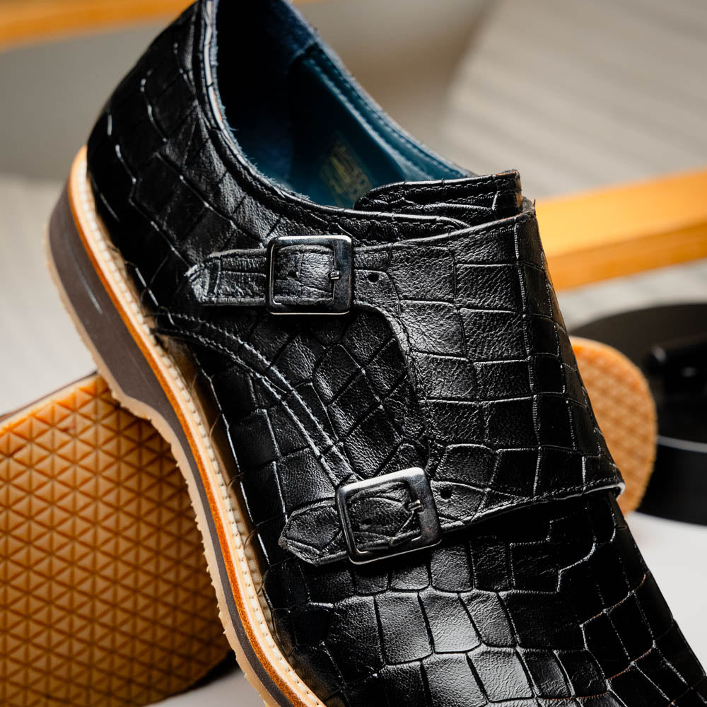 Legerra Hand Burnished Crocodile Print Monkstrap Black
