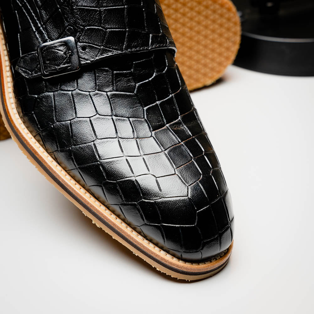 Legerra Hand Burnished Crocodile Print Monkstrap Black