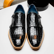 Legerra Hand Burnished Crocodile Print Monkstrap Black