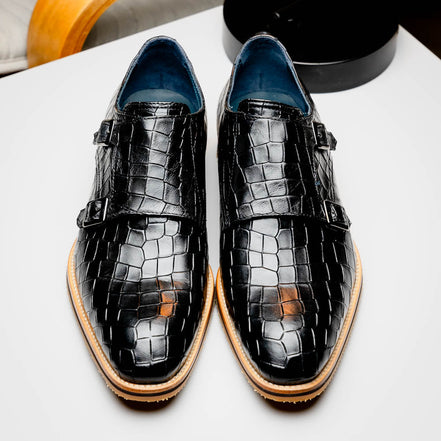 Legerra Hand Burnished Crocodile Print Monkstrap Black