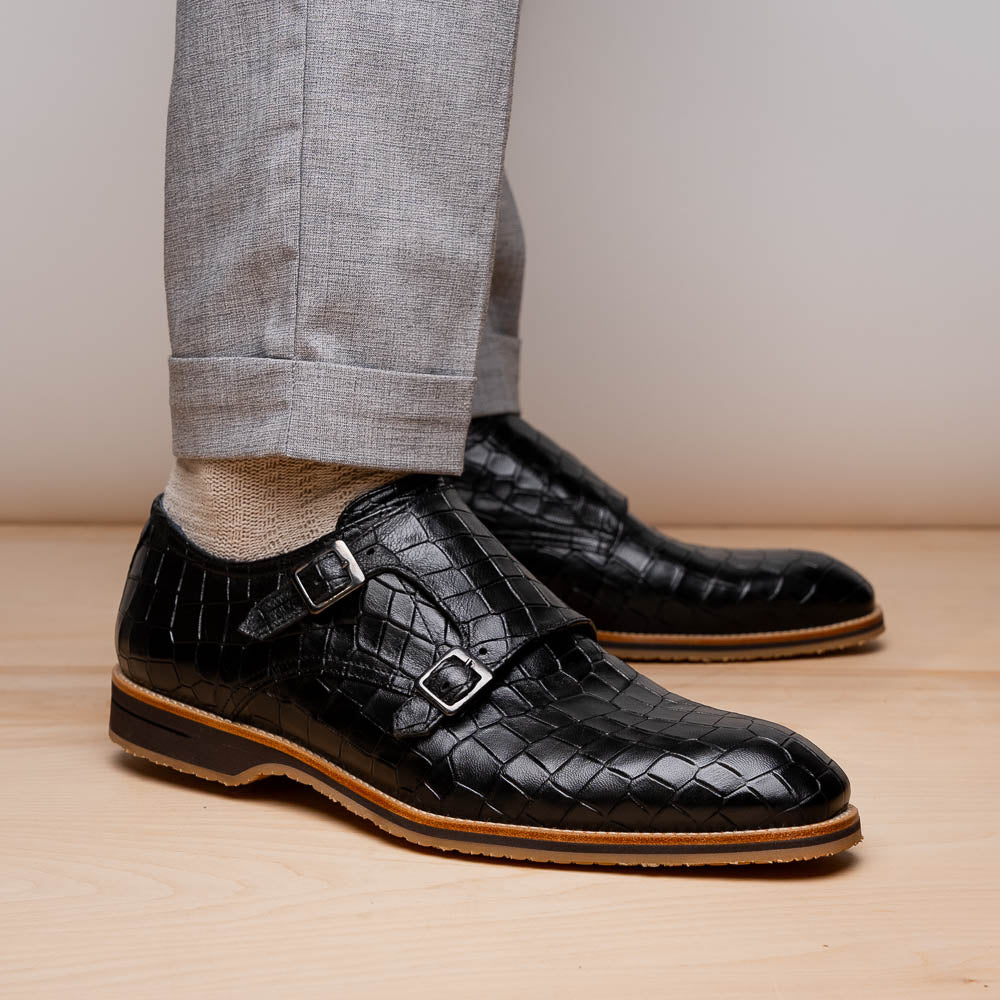 Legerra Hand Burnished Crocodile Print Monkstrap Black