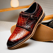 Legerra Hand Burnished Crocodile Print Monkstrap Cognac
