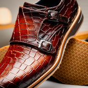 Legerra Hand Burnished Crocodile Print Monkstrap Cognac