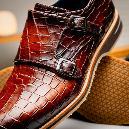 Legerra Hand Burnished Crocodile Print Monkstrap Cognac