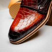 Legerra Hand Burnished Crocodile Print Monkstrap Cognac