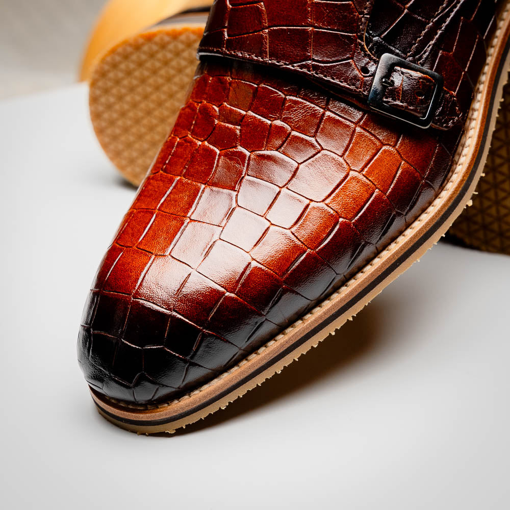 Legerra Hand Burnished Crocodile Print Monkstrap Cognac
