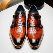 Legerra Hand Burnished Crocodile Print Monkstrap Cognac