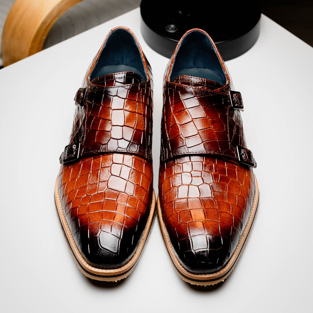 Legerra Hand Burnished Crocodile Print Monkstrap Cognac