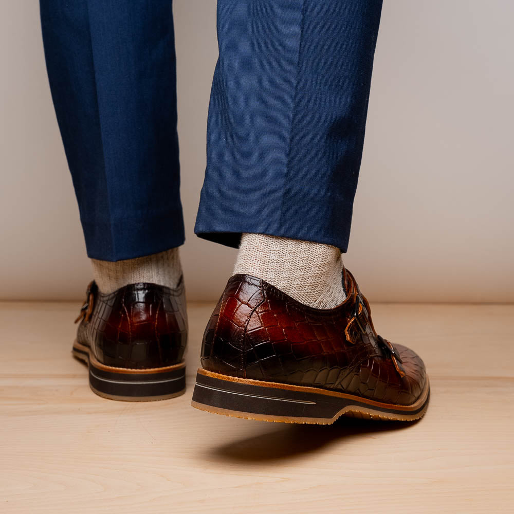 Legerra Hand Burnished Crocodile Print Monkstrap Cognac