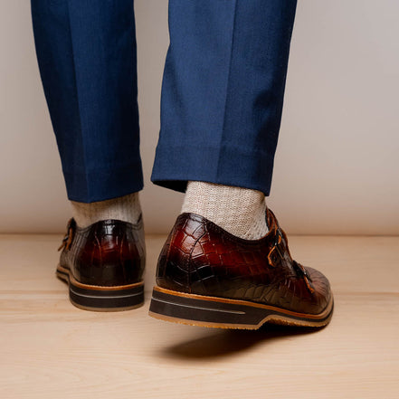 Legerra Hand Burnished Crocodile Print Monkstrap Cognac