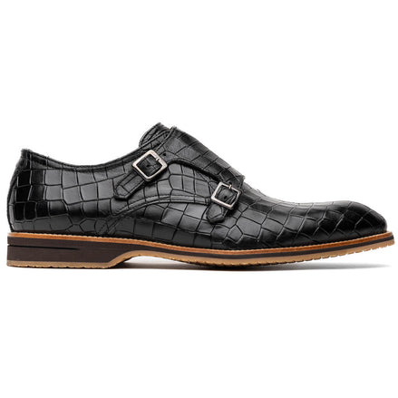 Legerra Hand Burnished Crocodile Print Monkstrap Black
