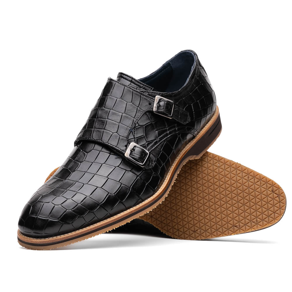 Legerra Hand Burnished Crocodile Print Monkstrap Black