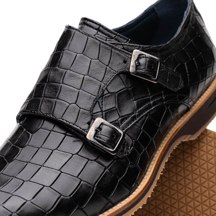Legerra Hand Burnished Crocodile Print Monkstrap Black