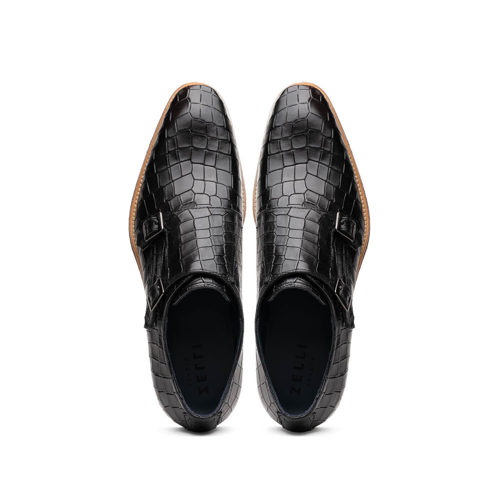 Legerra Hand Burnished Crocodile Print Monkstrap Black