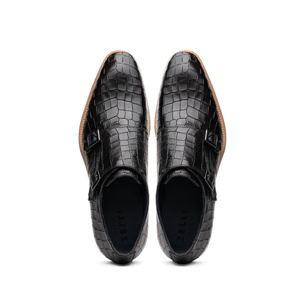 Legerra Hand Burnished Crocodile Print Monkstrap Black