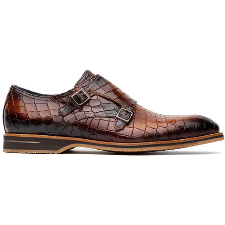 Legerra Hand Burnished Crocodile Print Monkstrap Cognac