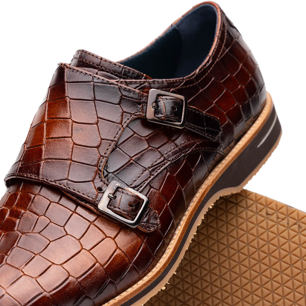 Legerra Hand Burnished Crocodile Print Monkstrap Cognac