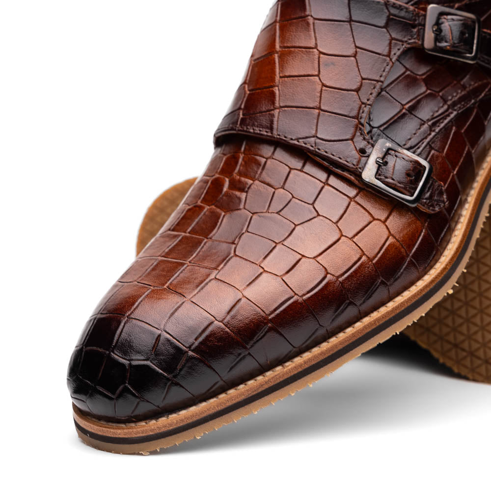 Legerra Hand Burnished Crocodile Print Monkstrap Cognac