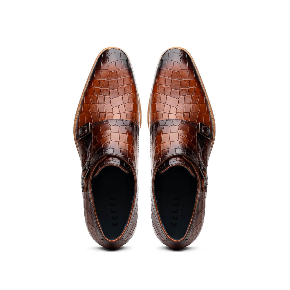 Legerra Hand Burnished Crocodile Print Monkstrap Cognac