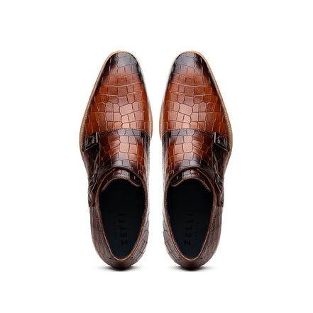 Legerra Hand Burnished Crocodile Print Monkstrap Cognac