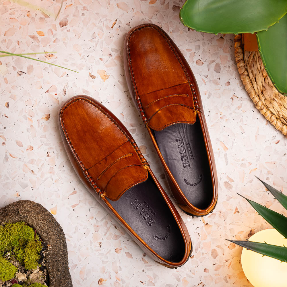 Monza Hand Burnished Italian Calfskin Driving Loafers Cognac