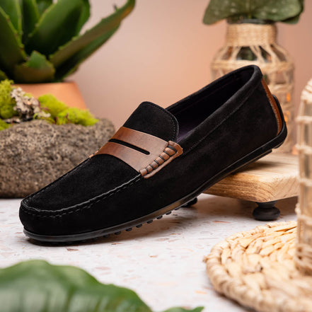 Monza Sueded Italian Calfskin Driver Black / Chestnut