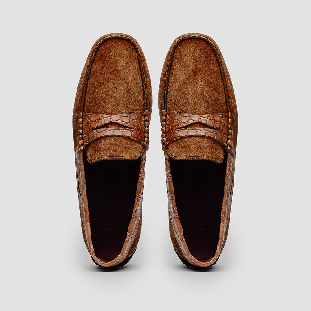 Monza Sueded Calfskin with Crocodile Driver, Cognac