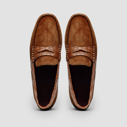 Monza Sueded Calfskin with Crocodile Driver, Cognac