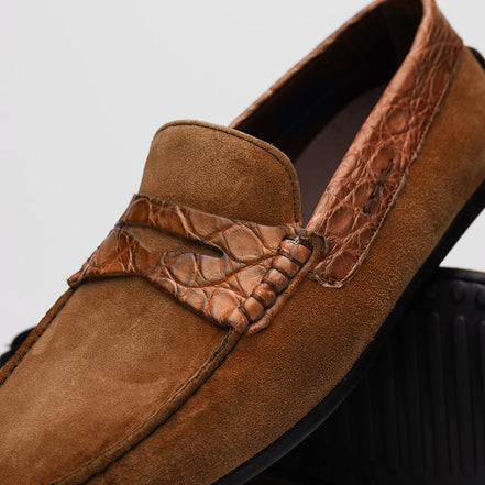 Monza Sueded Calfskin with Crocodile Driver, Cognac