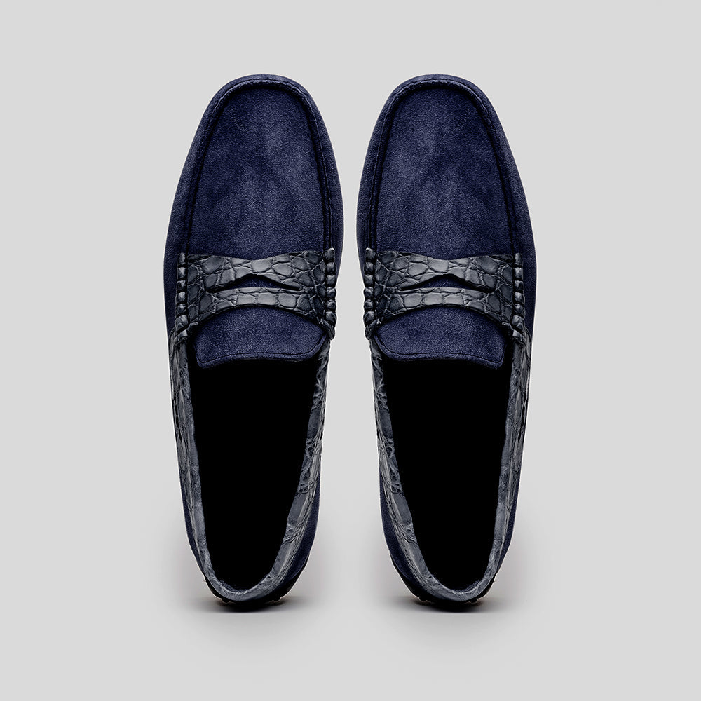Monza Sueded Calfskin with Crocodile Driver, Navy