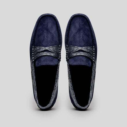 Monza Sueded Calfskin with Crocodile Driver, Navy