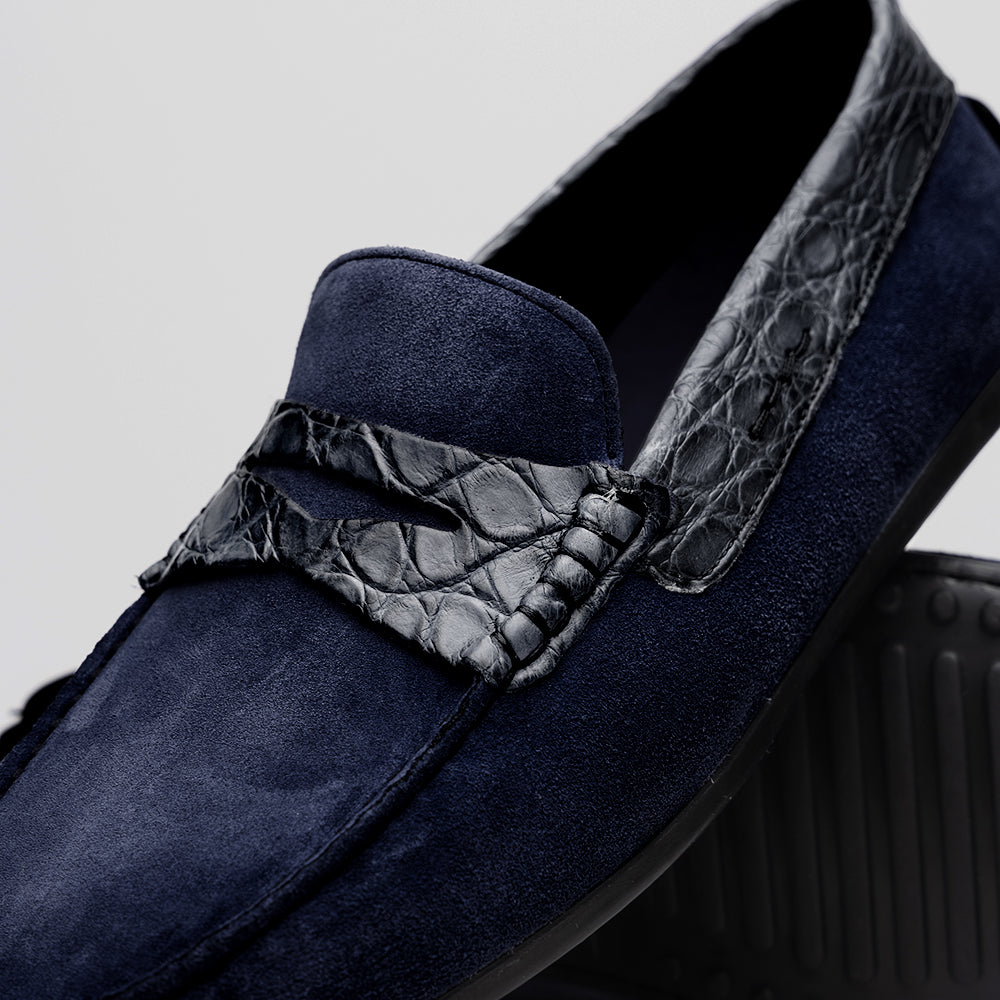 Monza Sueded Calfskin with Crocodile Driver, Navy