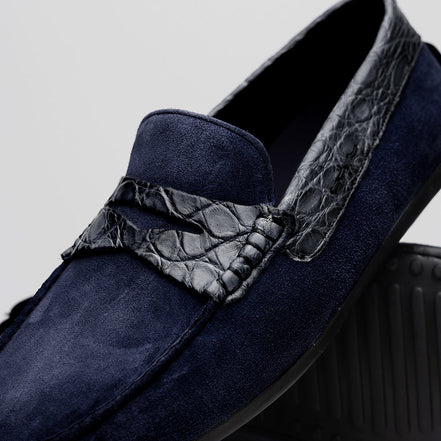 Monza Sueded Calfskin with Crocodile Driver, Navy