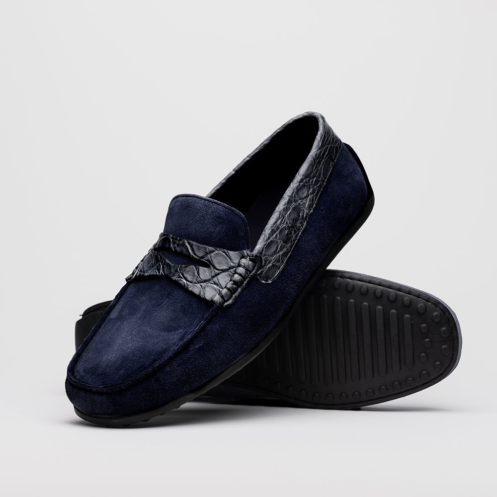 Monza Sueded Calfskin with Crocodile Driver, Navy