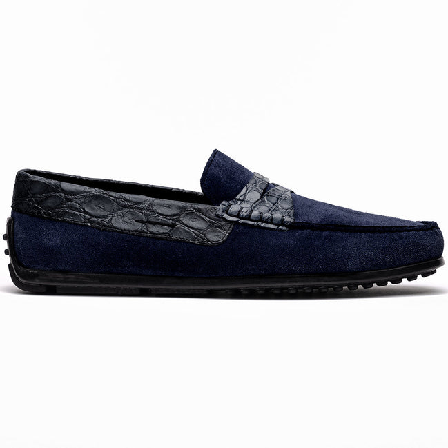 Monza Sueded Calfskin with Crocodile Driver, Navy