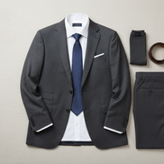 Gray suit with white shirt, blue tie, and accessories on a light gray background