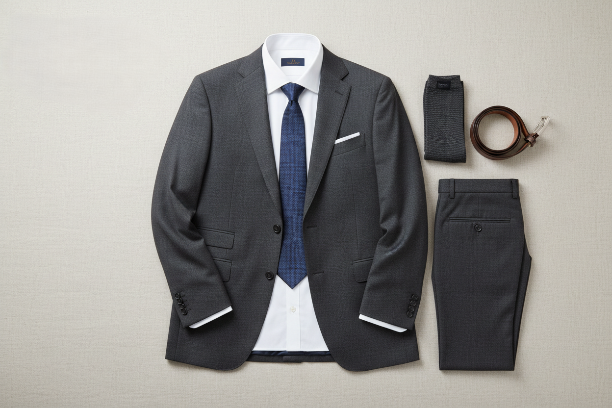 Gray suit with white shirt, blue tie, and accessories on a light gray background