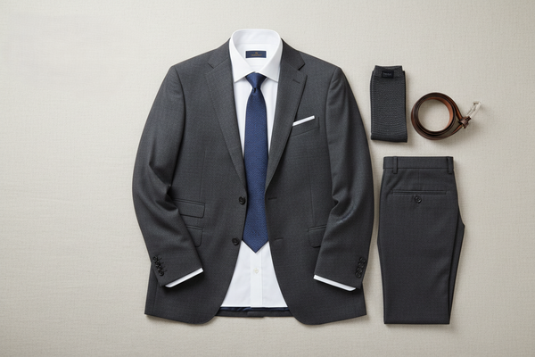 Gray suit with white shirt, blue tie, and accessories on a light gray background