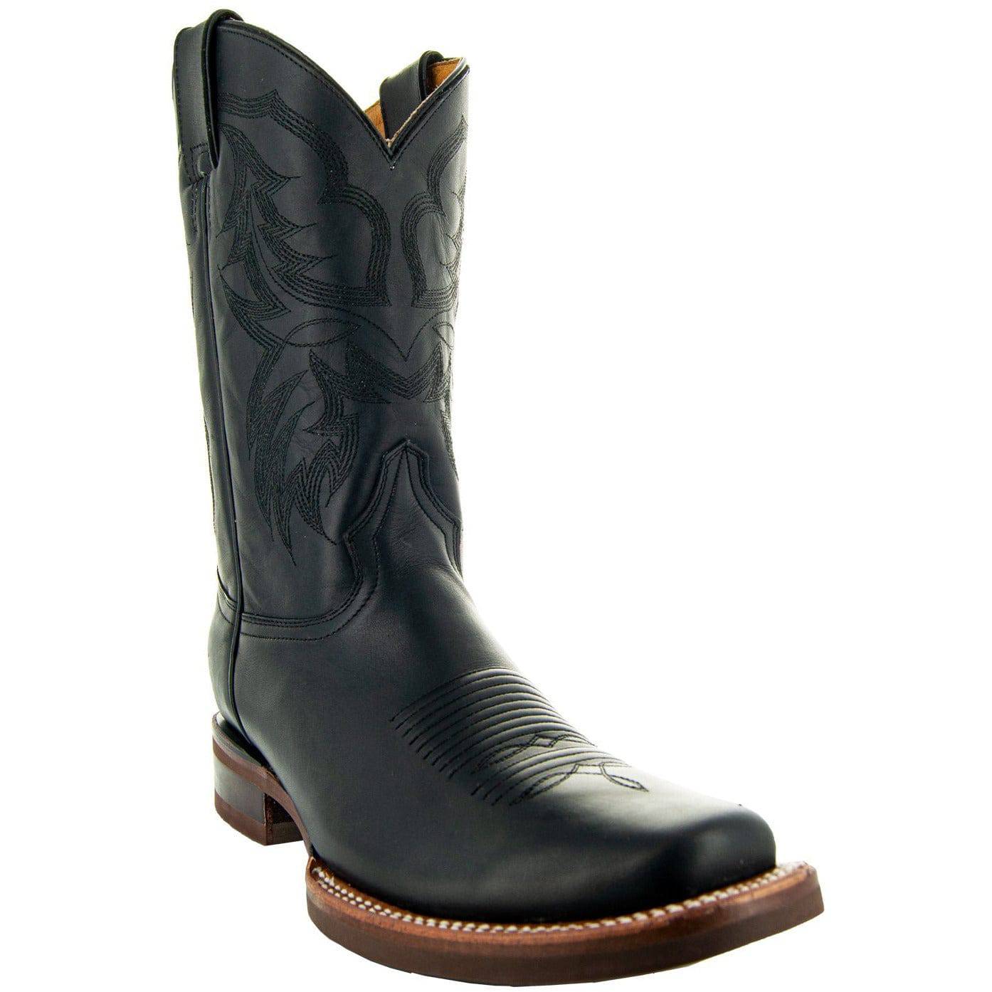 Black Square Toe Leather Cowboy Boots