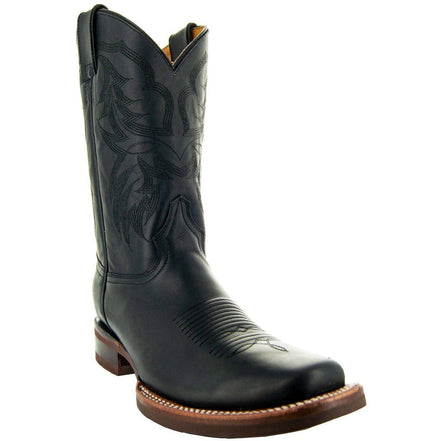 Black Square Toe Leather Cowboy Boots