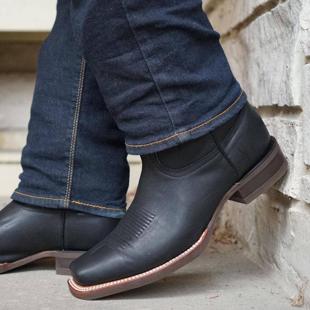 Black Square Toe Leather Cowboy Boots