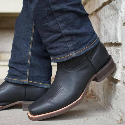 Black Square Toe Leather Cowboy Boots