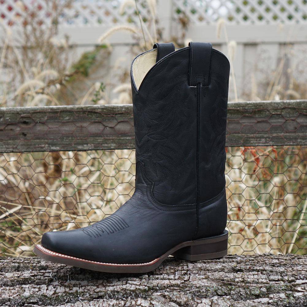 Black Square Toe Leather Cowboy Boots