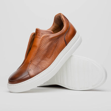 Spettacolare Italian Pebble Grain Calfskin Sneakers Cognac